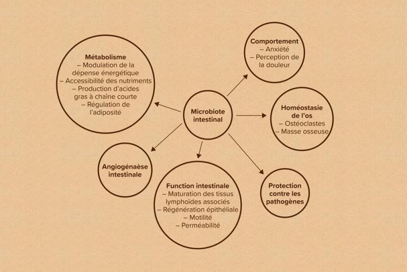 Représentation schématique des interactions du microbiome intestinal